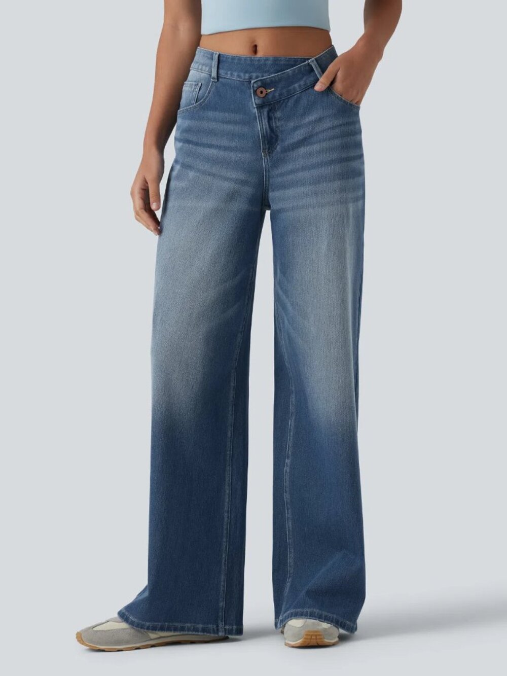 HALARA Petite Flex Asymmetric High Waist Washed Casual Baggy Wide Leg Jeans